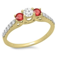 0. Карат 10K Жълто злато кръгло рязане червен рубин и бял диамант дами булчински каменна годежен пръстен CT