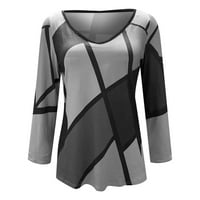 Дамски пуловеризи за модни геометрични v-образни деколти отпечатани дълги ръкави свободни тениска топ есенни дрехи s сиво