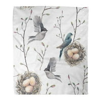 Flannel хвърлете одеяло кафяво акварелни акварелни гнезда птици и дървесни клонки пролетта меко за диван и диван в леглото