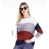 Ballsfhk жени модна ивица цвят контраст кръгла шия raglan с дълъг ръкав плетат пуловер отгоре