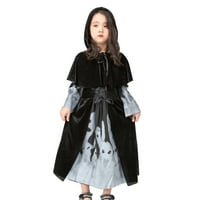 Lilgiuy Хелоуин костюм за малко дете Мода за мода кръгла врата с дълъг ръкав рокля с магьосница с магьосница с наметала за момичета грим парти сценични дрехи черни черни