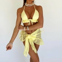 Caveitl бански костюм жени бикини, жените дантела халтер марля три части бански костюм плътни бикини комплекти плажни дрехи жълти