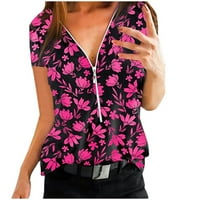 Lopecy-Sta блузи за жени Fashion V Neck Thiss for Women Sales Clearance Жени дами плюс размер печат с цип с къс ръкав v-образно пуловер върхове риза горещо розово