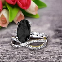 2. Карат овална форма Черен диамант Моасанит годежен пръстен Булчински пръстен 10K бяло злато извит контур безкрайност съвпадаща лента
