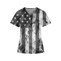 Hanas Womens v Neck 4 -ти юли Патриотик САЩ Флаг звезда Раиран Ден на независимостта отпечатани тениски върхове с джобове