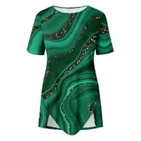 Дамски върхове блуза дами къс ръкав ежедневни графични отпечатъци модни екипажи на врата Лятна туника върхове тъмно зелени XL