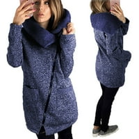 Жени зимно палто- Дълго ръкав връхни дрехи Turtleneck Твърдо удобно топло тънка яке Пълно цип връхни дрехи синьо