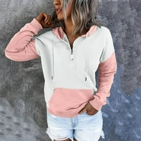 Жени плюс размери разстояние дамски v-образно деколте с дълъг ръкав с цип zipper colorblock sweatshirts качулки джобни туники върхове с теглене розово розово