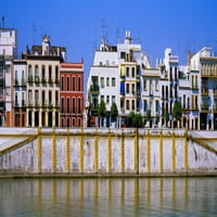 Сгради на Ривърсайд, река Гуадалквивир, Севиля, провинция Севиля, Андалусия, печат на плакат в Испания