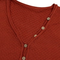 Дамски бутон V-образно деколте дълги ръкави пуловери ежедневни удобни модни твърди ореби плетен пуловер със страничен процеп червен размер sizexl