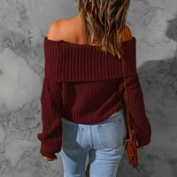 tklpehg дамски пуловери върхове с дълъг ръкав кръг кръг врат студена рамо пуловер плетен пуловер моден солиден цвят ежедневно есен зимен топъл пуловер свободен пуловер пуловери вино s