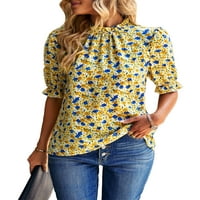Cindysus жени тениска флорална тениска на тениска от тениски на шията летни върхове Ruched празник с къс ръкав Tee Yellow m